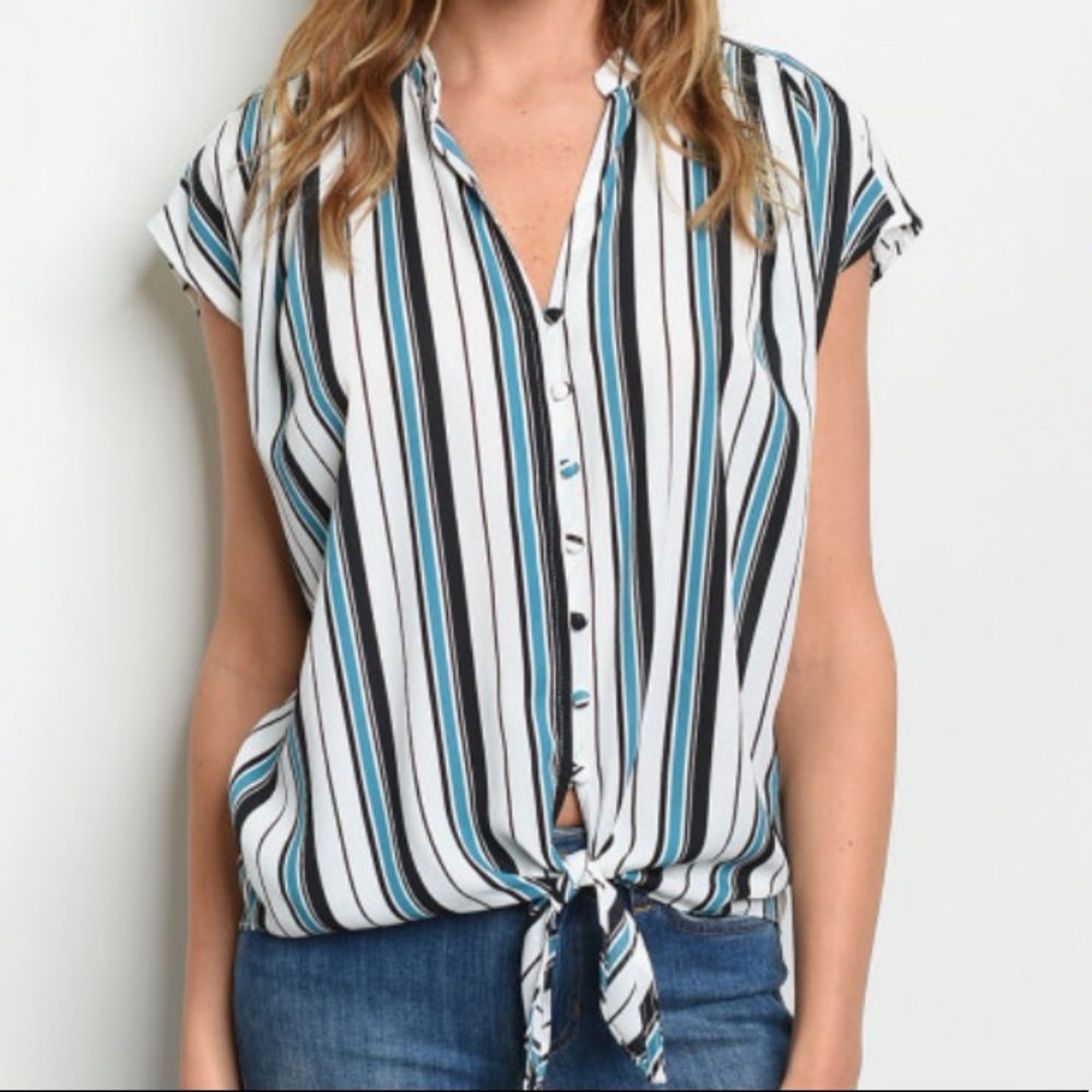 Ivory Teal Striped Top